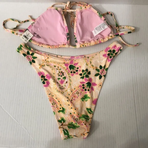 aerie women Cheeky Pink Green Paisley Floral Bikini Set small - Picture 2 of 4